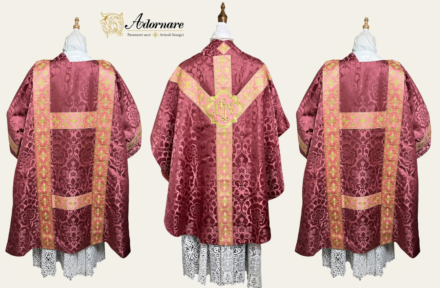 Damask Semi-gothic Solemn Mass Set with embroidered bands