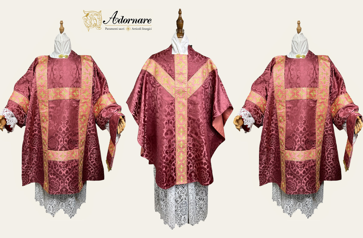 Damask Semi-gothic Solemn Mass Set with embroidered bands