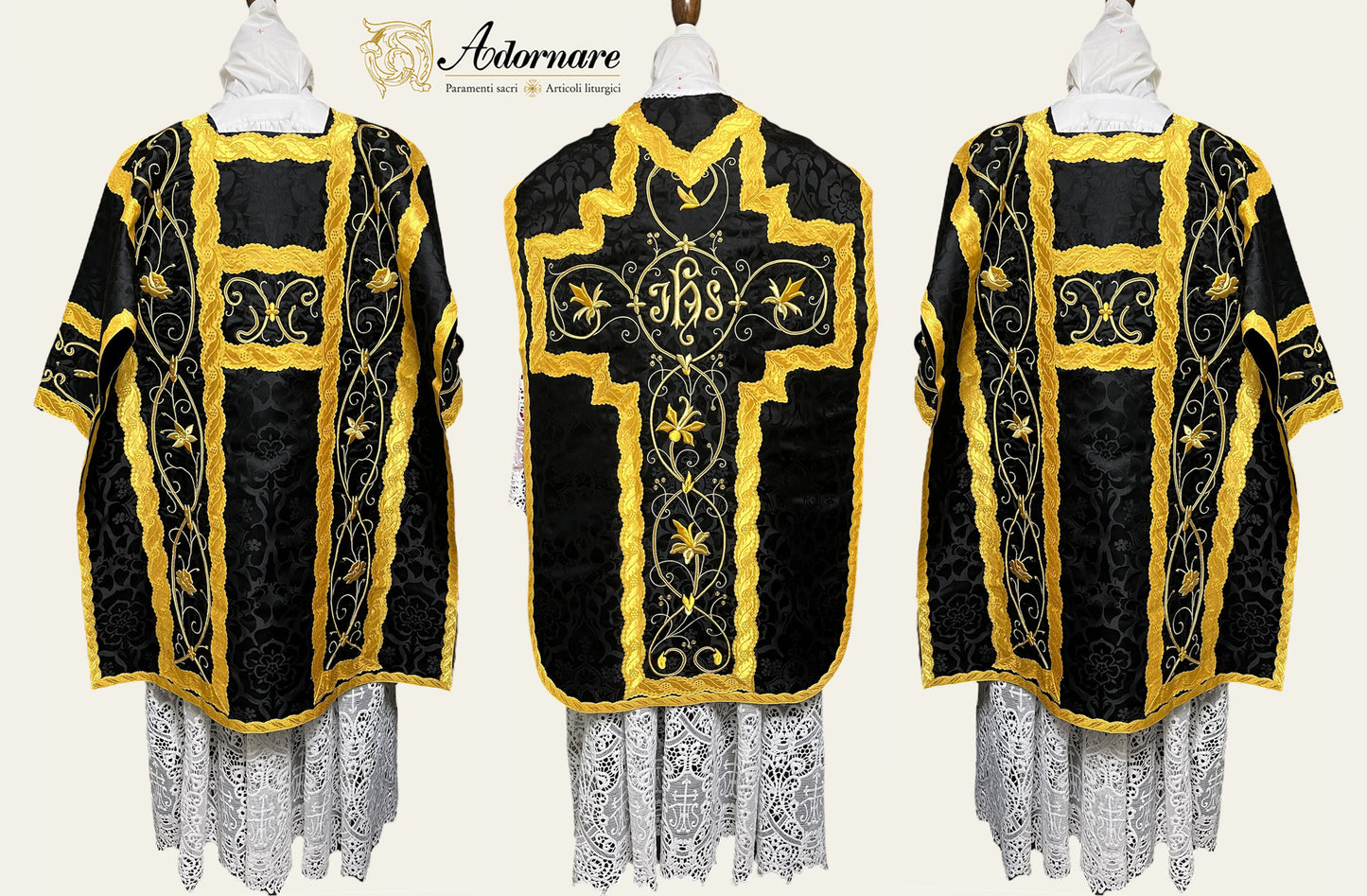 French Solemn Mass Set with hand and machine-embroidered IHS and floral motifs