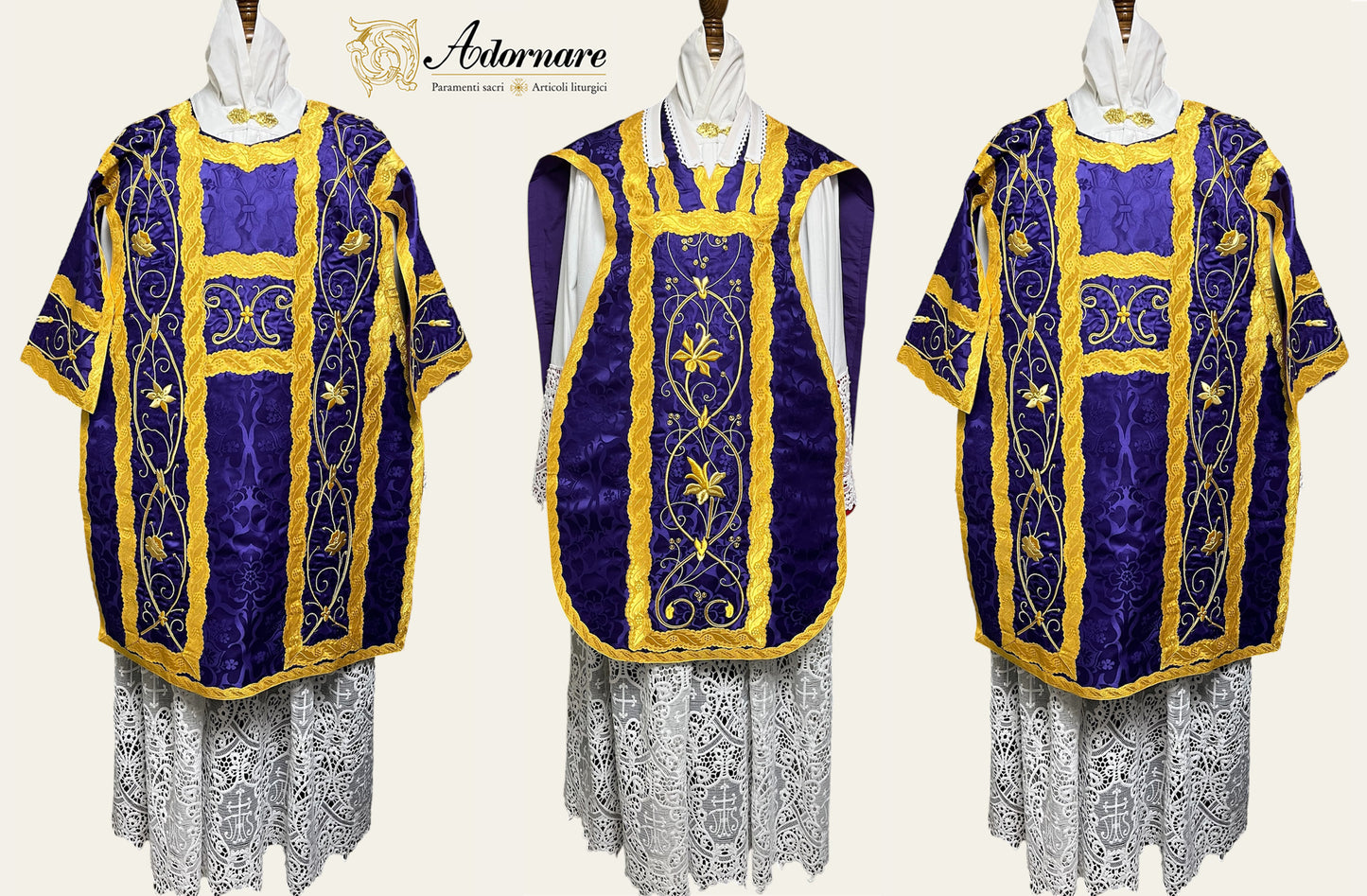French Solemn Mass Set with hand and machine-embroidered IHS and floral motifs