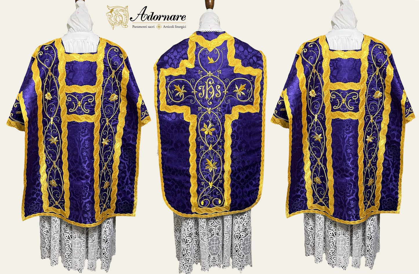 French Solemn Mass Set with hand and machine-embroidered IHS and floral motifs