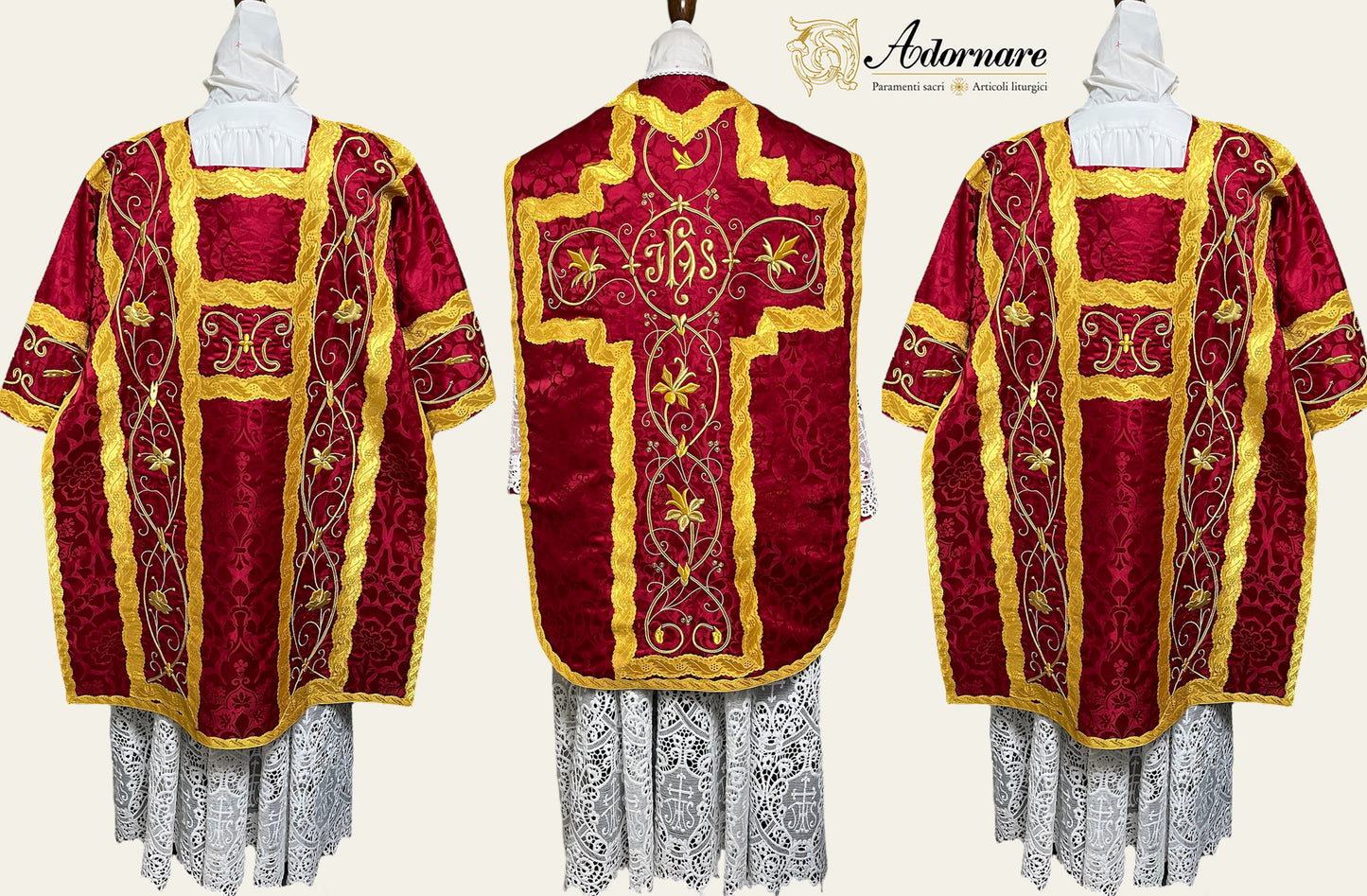 French Solemn Mass Set with hand and machine-embroidered IHS and floral motifs