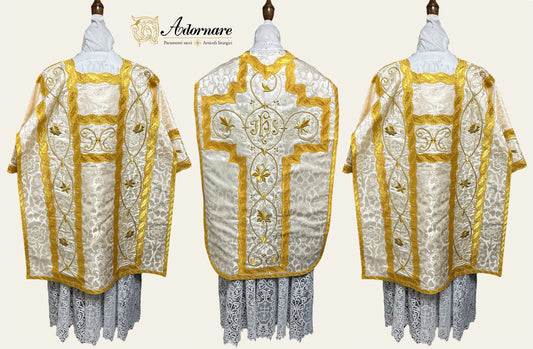 French Solemn Mass Set with hand and machine-embroidered IHS and floral motifs