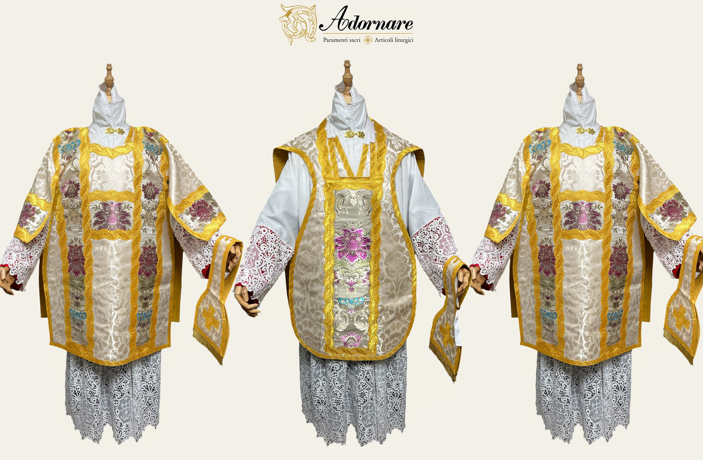 French Solemn Mass Set in damask with brocade insert panels