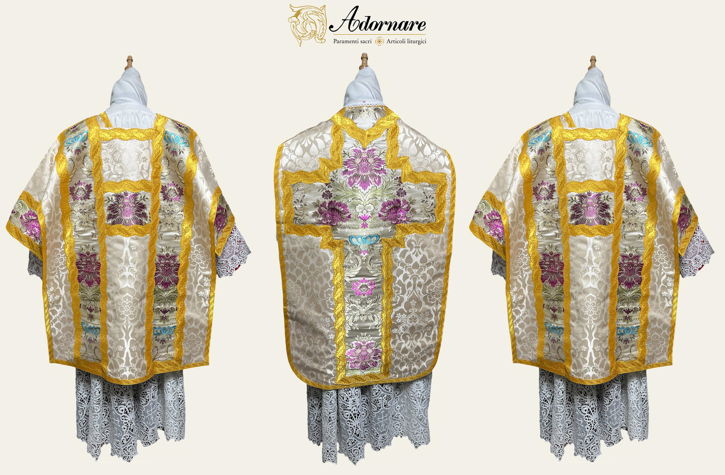 French Solemn Mass Set in damask with brocade insert panels