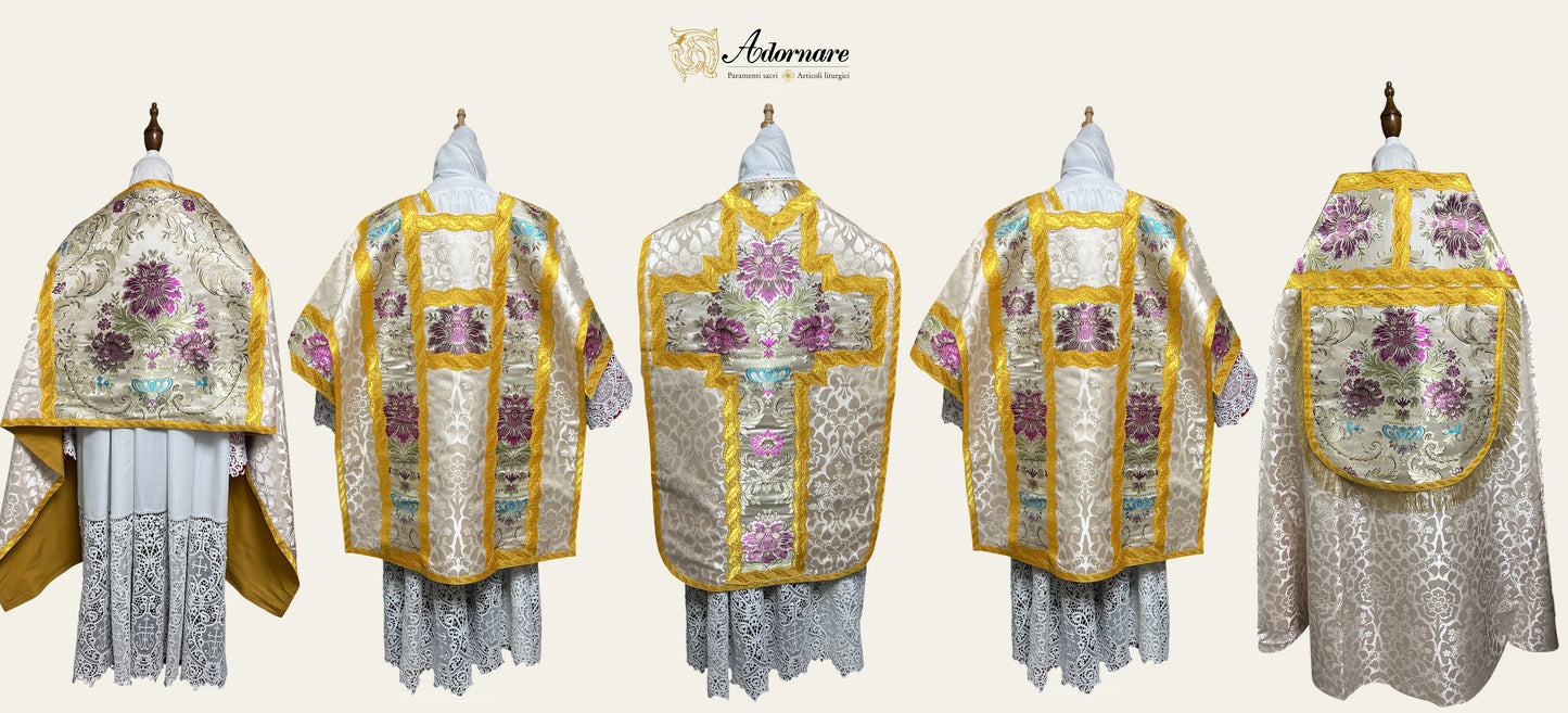 French Solemn Mass Set in damask with brocade insert panels