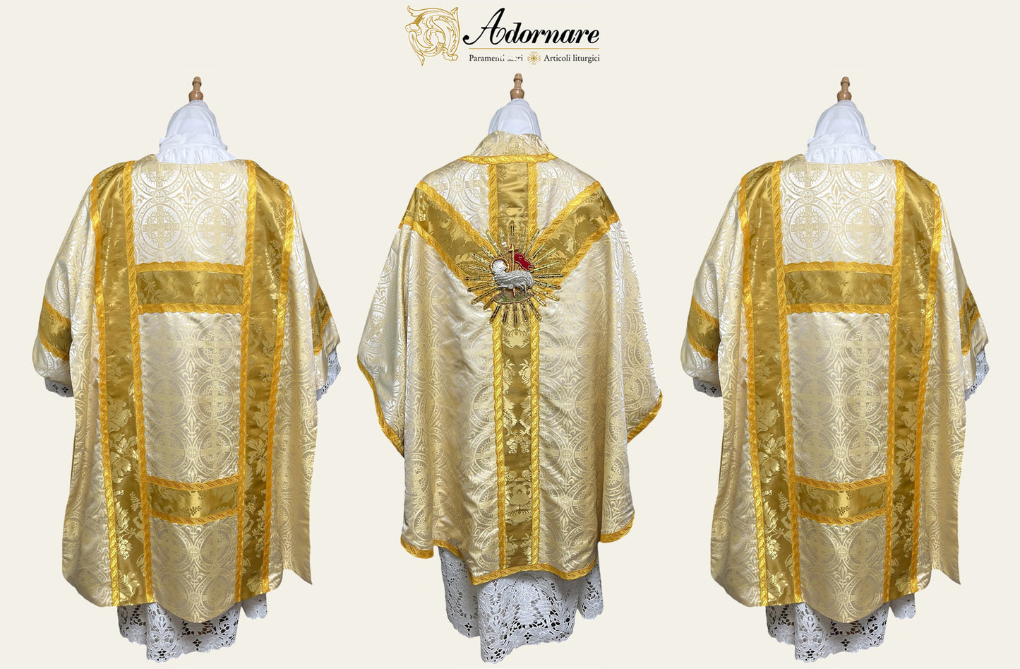 Passion brocade Semi-gothic Solemn Mass Set with gold silk insert bands and Agnus Dei application