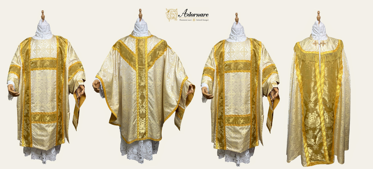 Passion brocade Semi-gothic Solemn Mass Set with gold silk insert bands and Agnus Dei application
