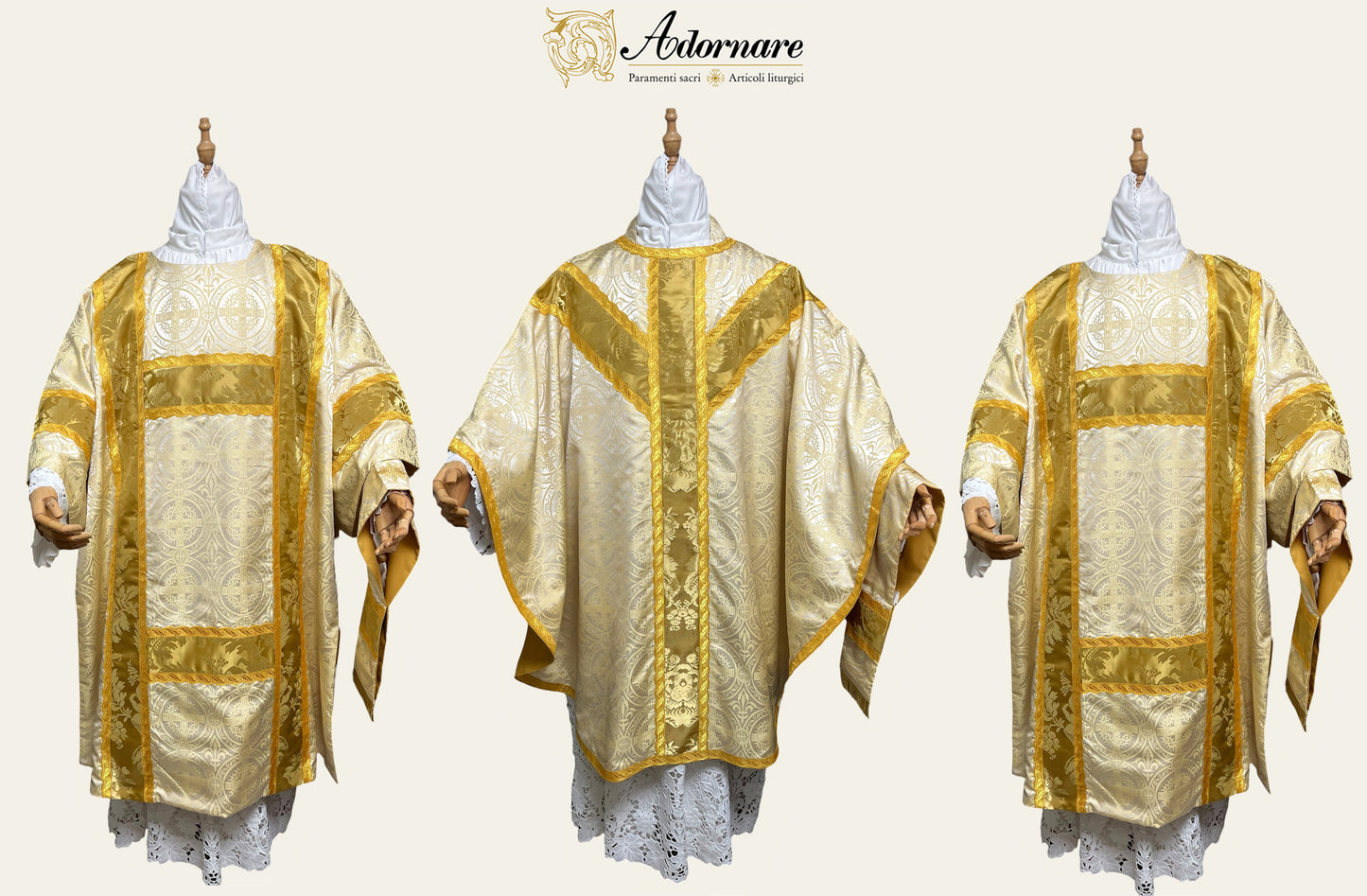 Passion brocade Semi-gothic Solemn Mass Set with gold silk insert bands and Agnus Dei application