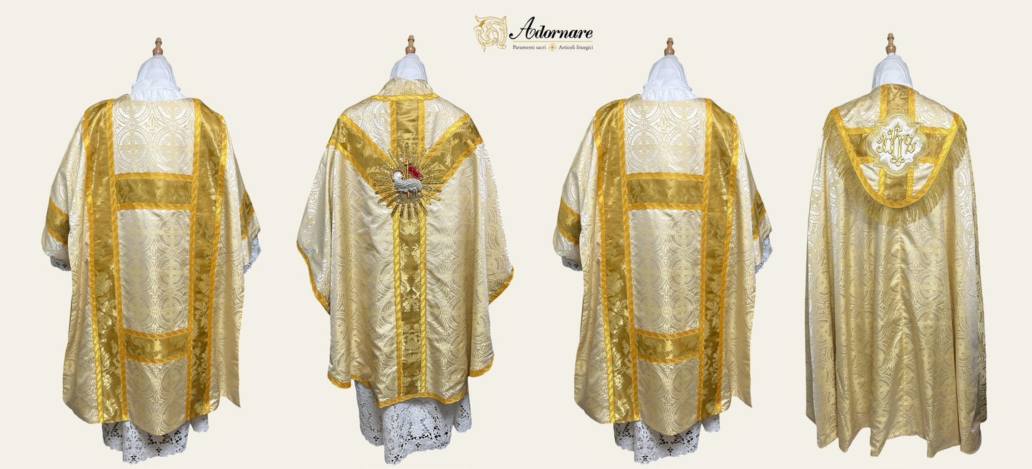 Passion brocade Semi-gothic Solemn Mass Set with gold silk insert bands and Agnus Dei application